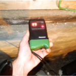 Deficiency: High moisture content found at sill plate. Wood will begin to rot when moisture content is 20 percent or greater. Once established, rot may thrive as moisture content drops to as low as 16 percent.